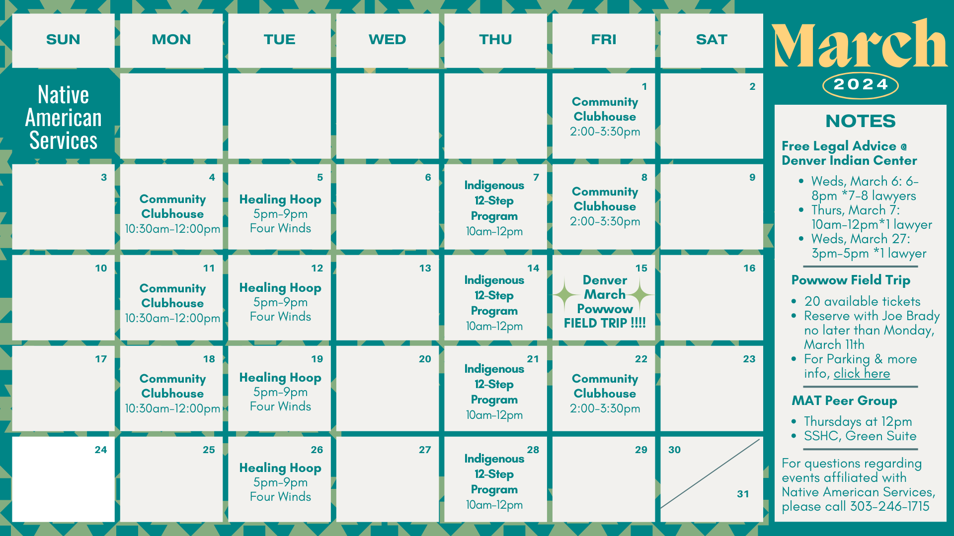 March Calendar for Native Services